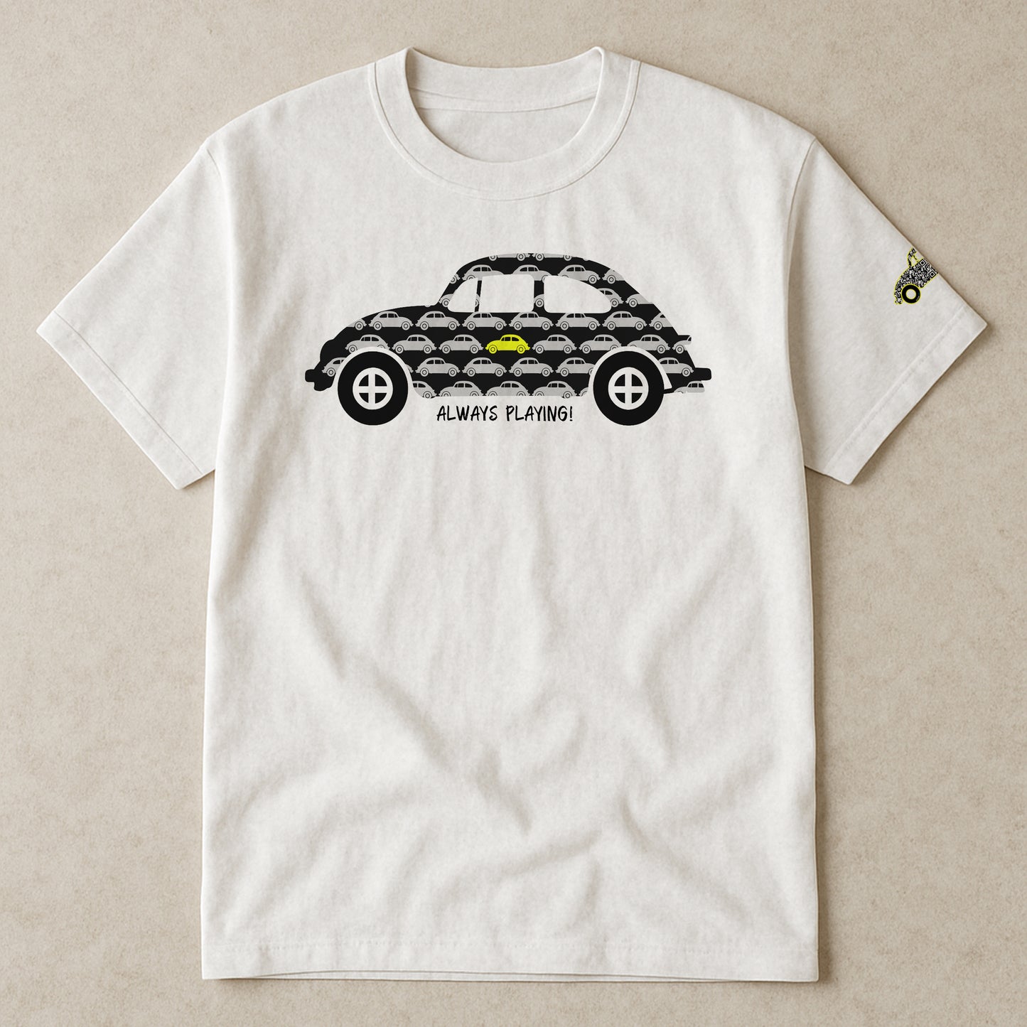 Always Playing yellow car game t-shirt, unisex white cotton tee with black car pattern, single yellow car highlight and fun family holiday road trip design for kids and adults
