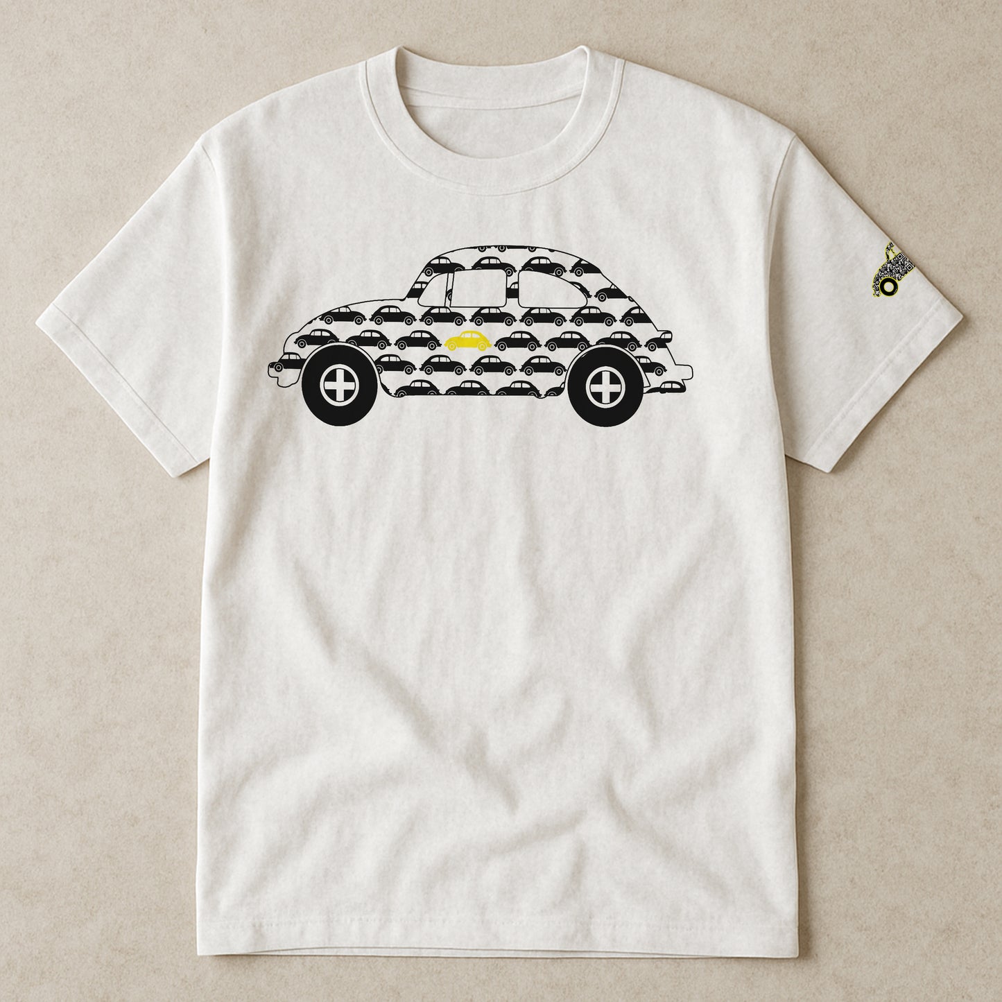 "Always Playing yellow car game t-shirt, unisex white cotton tee with black car pattern and single yellow car, fun family road trip holiday shirt for kids and adults"