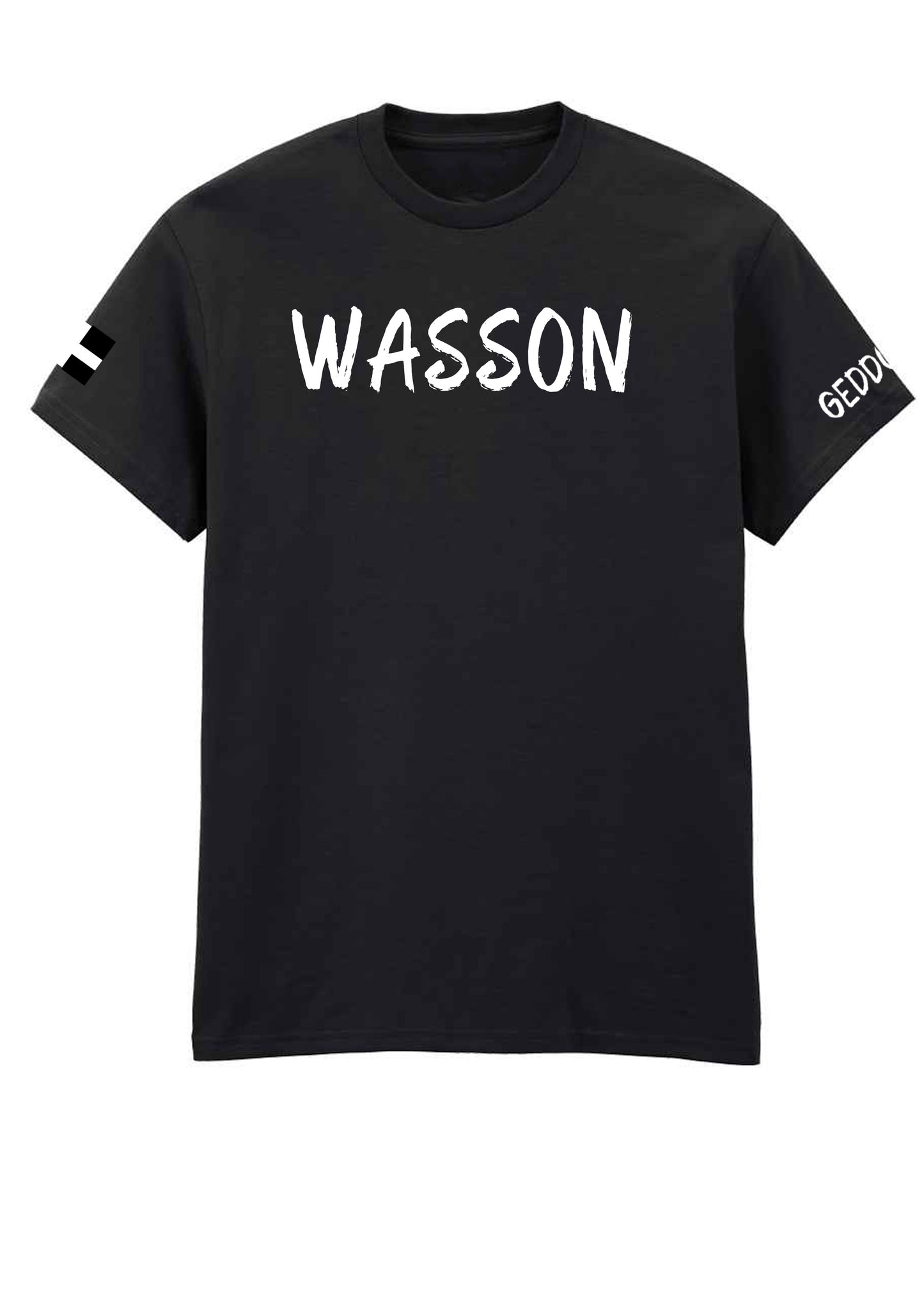 Black t-shirt with "WASSON" in bold white text on the chest, featuring a Cornish flag on the sleeve.