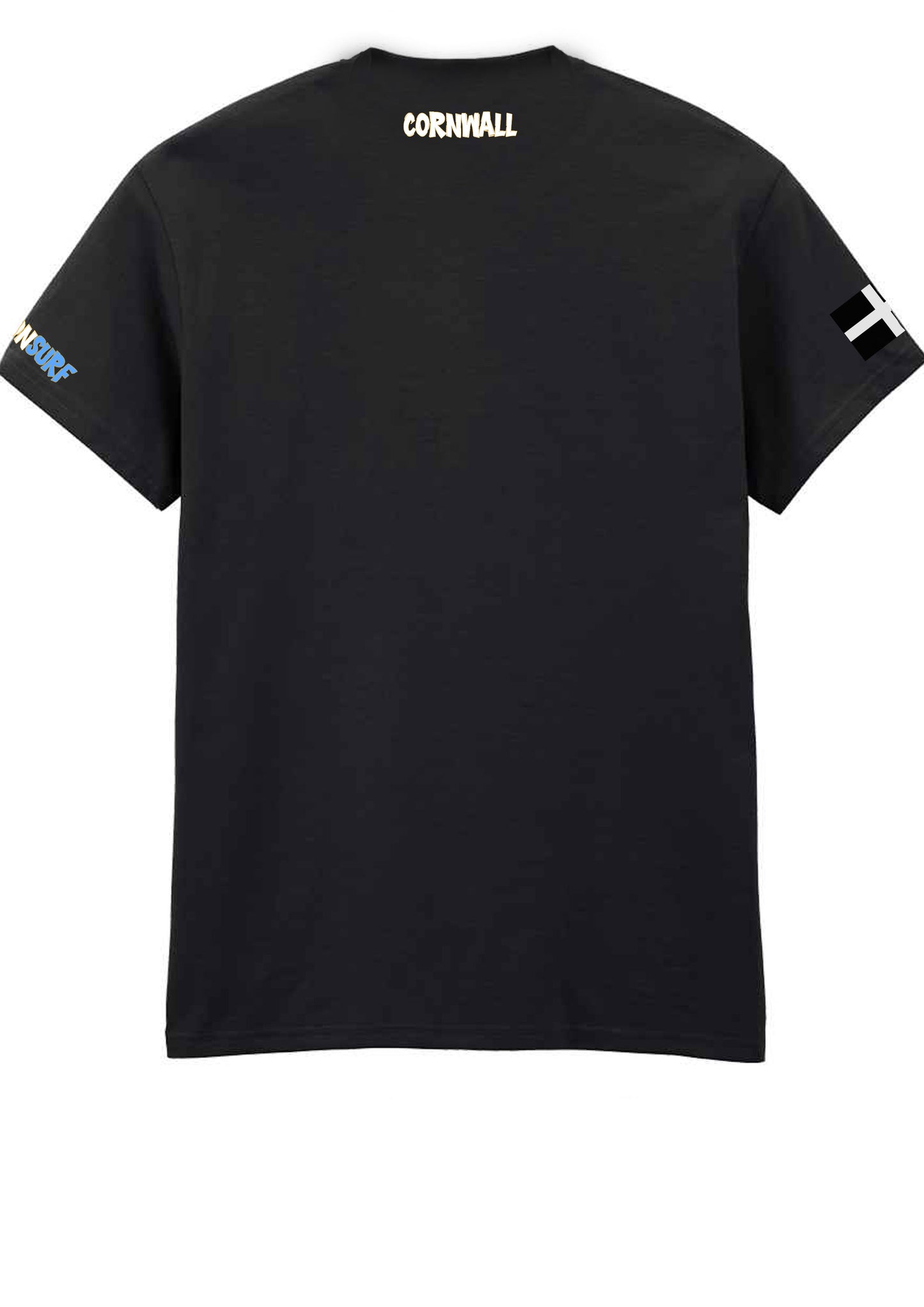 Back view of black Cornwall T-shirt with small “CORNWALL” text printed at neck, Cornish flag on right sleeve, and GeddonSurf branding on left sleeve