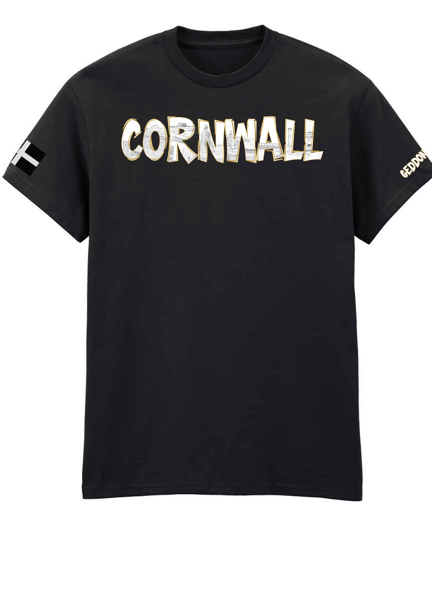 Flat lay of black unisex Cornwall T-shirt with CORNWALL in line art and yellow outline, showing Cornish landmark illustrations on white background.