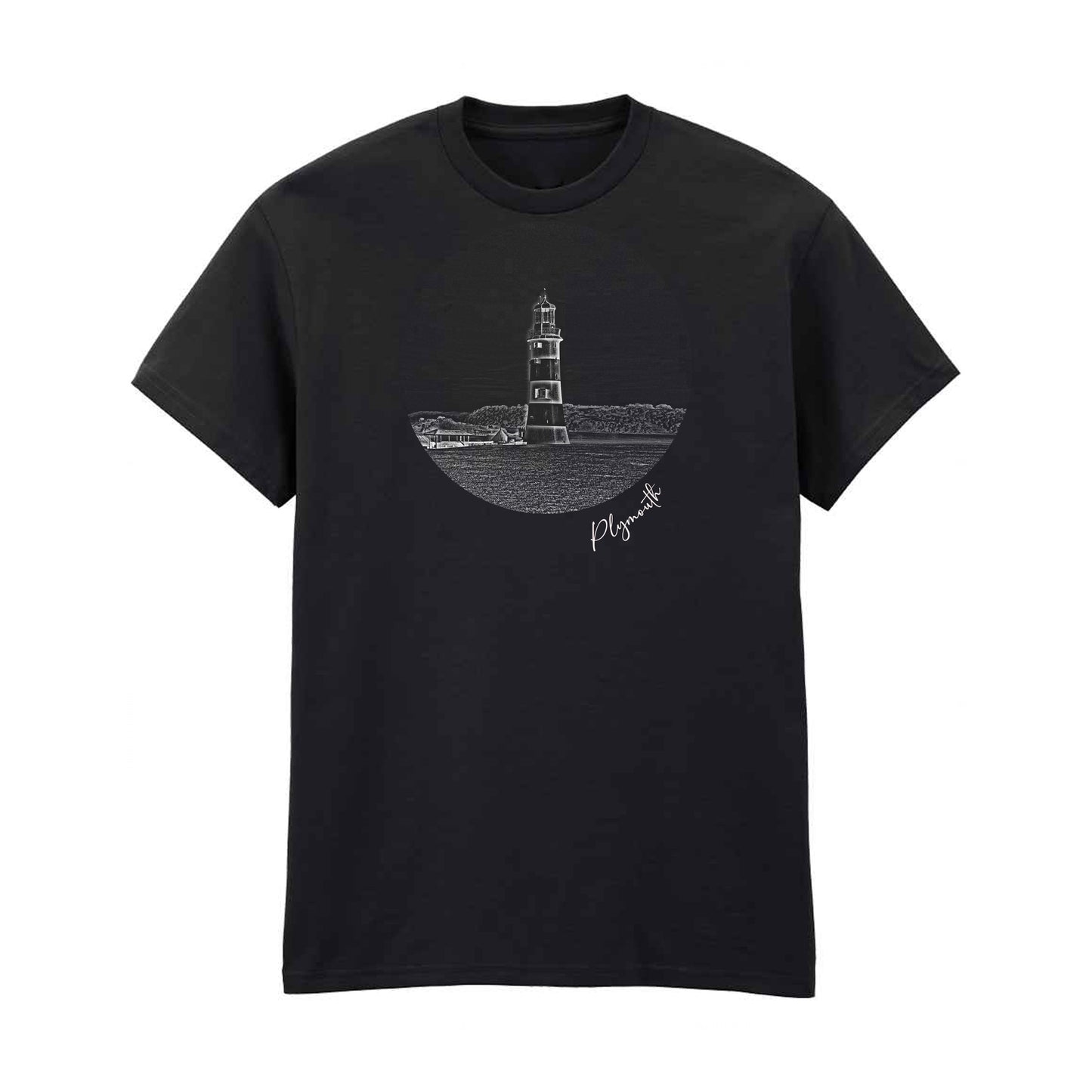 Black t-shirt featuring a white line art design of Smeaton’s Tower Lighthouse in Plymouth. A stylish 100% cotton lighthouse t-shirt, perfect for coastal and maritime enthusiasts. Available in S to 5XL.