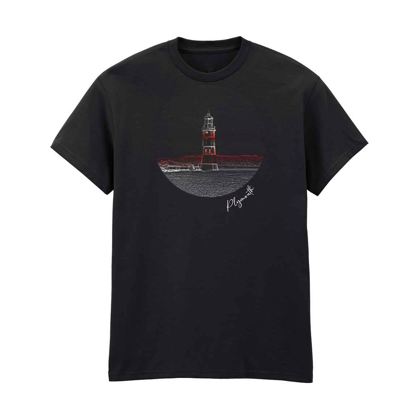 Black t-shirt featuring a white and red line art design of Smeaton’s Tower Lighthouse in Plymouth. A stylish 100% cotton lighthouse t-shirt, perfect for coastal and maritime enthusiasts. Available in S to 5XL.