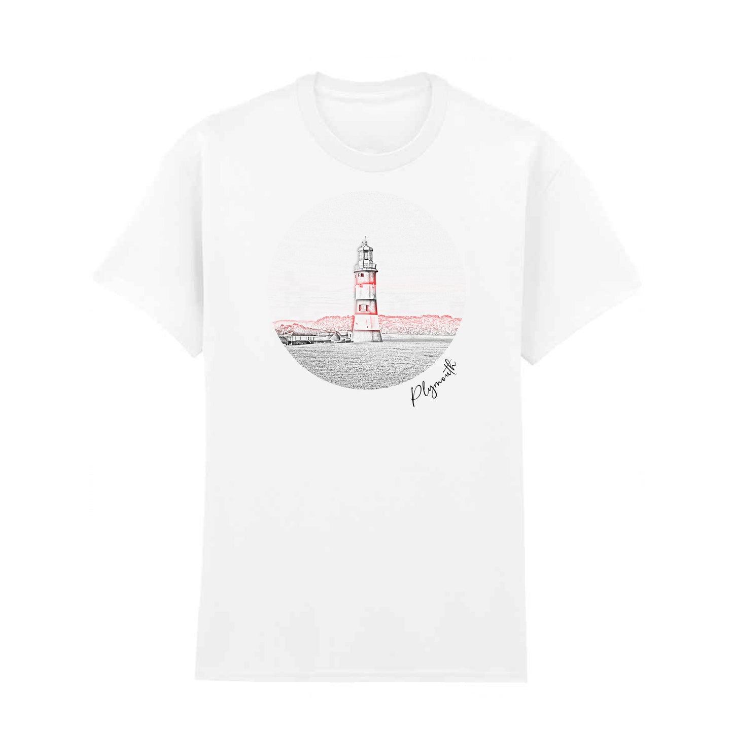 White t-shirt featuring a red and black line art design of Smeaton’s Tower Lighthouse in Plymouth. A stylish 100% cotton lighthouse t-shirt, perfect for coastal and maritime enthusiasts. Available in S to 5XL.
