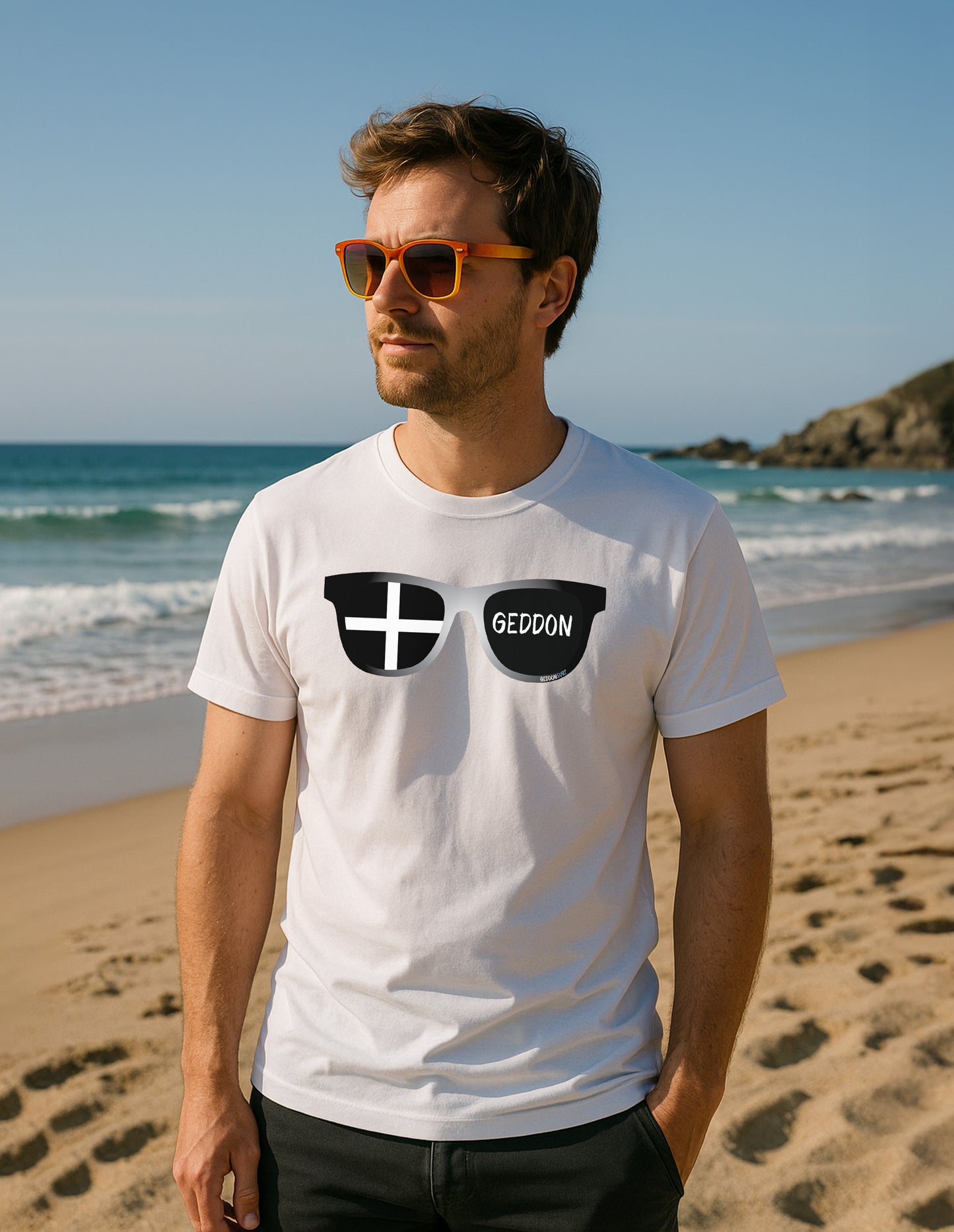 Cornish Flag Sunglasses T-Shirt – Unisex Heavy Cotton Tee Featuring St Piran’s Flag & Wasson Design