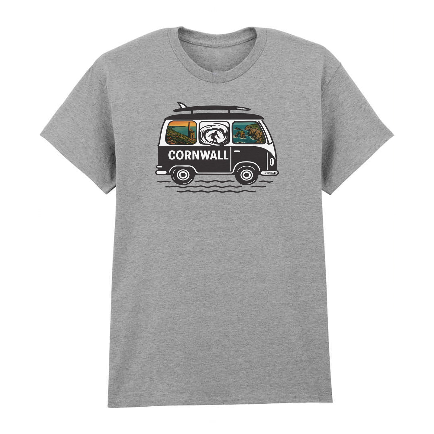 Cornwall Camper Van T-Shirt – Sunset Orange | Sennen Cove, Perranporth & Surf Design | GeddonSurf Unisex Cotton Tee