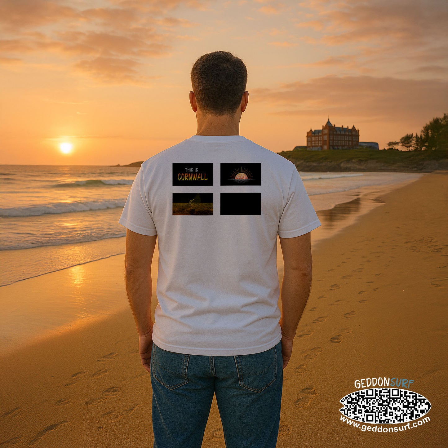Man standing on a beach at sunset wearing a white t-shirt with a cornish flag design, the words this is cornwall, and a line design of a surfer and sun setting
