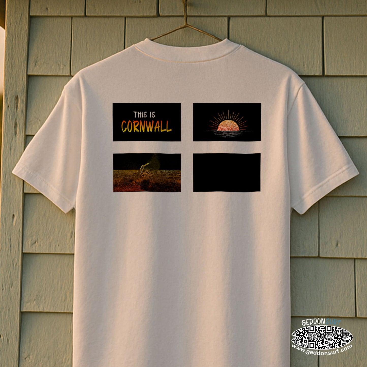 Close-up of back design on “This Is Cornwall” t-shirt, featuring sunset, Cornish coast, and surf graphics – inspired by Cornwall beaches.