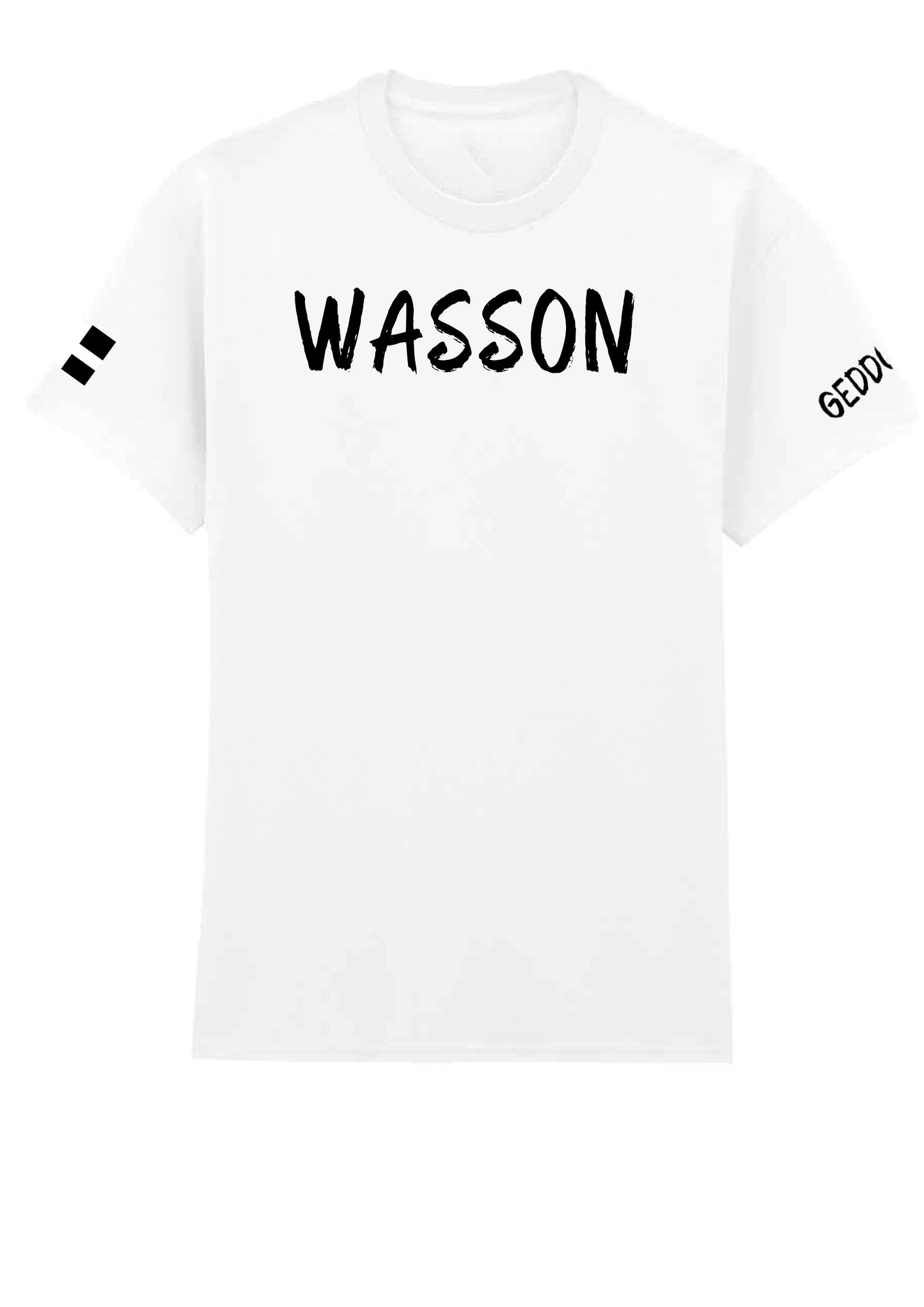 white t-shirt with "WASSON" in bold black text on the chest, featuring a Cornish flag on the sleeve.