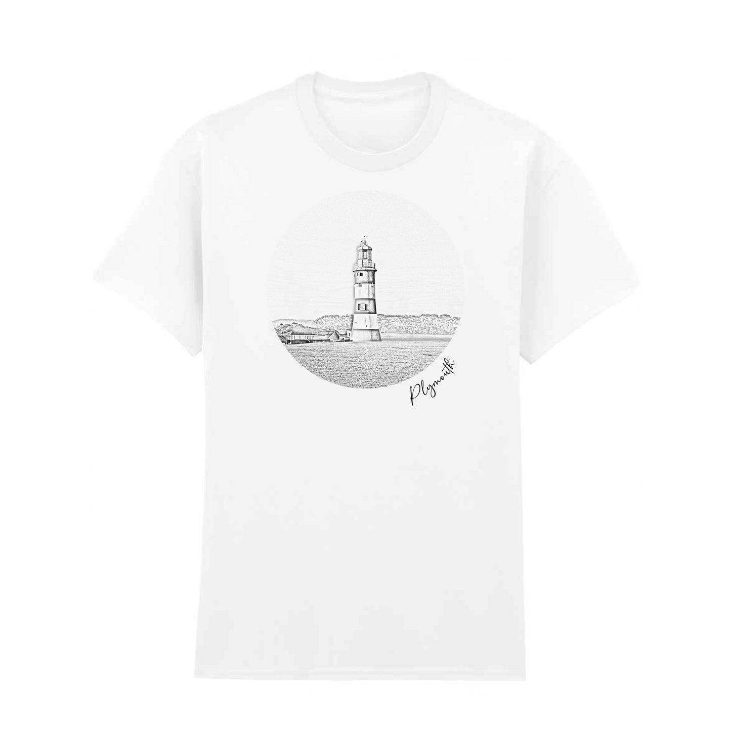 White t-shirt featuring a black line art design of Smeaton’s Tower Lighthouse in Plymouth. A stylish 100% cotton lighthouse t-shirt, perfect for coastal and maritime enthusiasts. Available in S to 5XL.