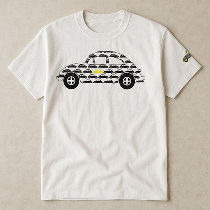 "Always Playing yellow car game t-shirt, unisex white cotton tee with black car pattern and single yellow car, fun family road trip holiday shirt for kids and adults"
