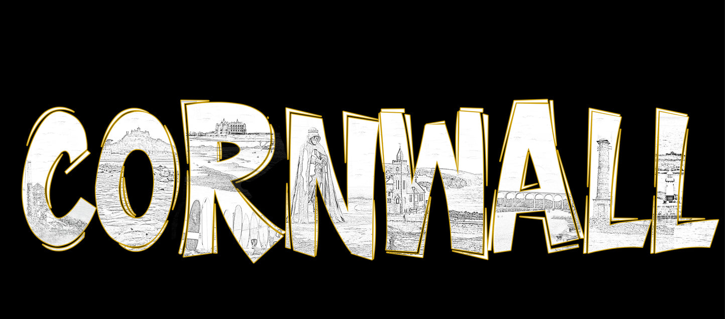 Close-up of CORNWALL text on black T-shirt showing detailed line art of Cornish landmarks with Cornish yellow outline – GeddonSurf design.