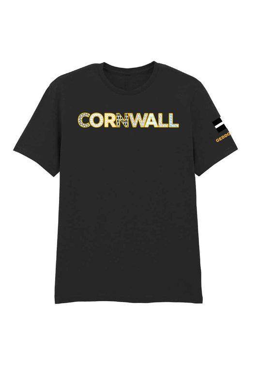 Black Cornwall Celebration T-Shirt for MayFest 2025 featuring Cornish flag, seagulls, pasties, and surfboards design – fundraising for Callington Community Arts (CAVe).