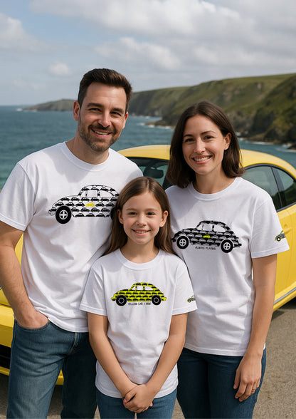 Family wearing matching Yellow Car Game t-shirts on Cornwall holiday, fun unisex travel shirts for kids and adults with Yellow Car I Win and Always Playing designs