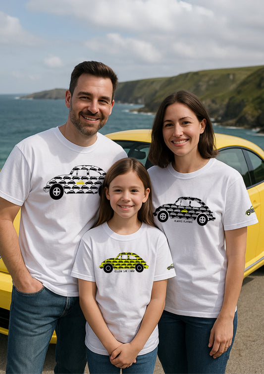 Family wearing matching Yellow Car Game t-shirts on Cornwall holiday, fun unisex travel shirts for kids and adults with Yellow Car I Win and Always Playing designs