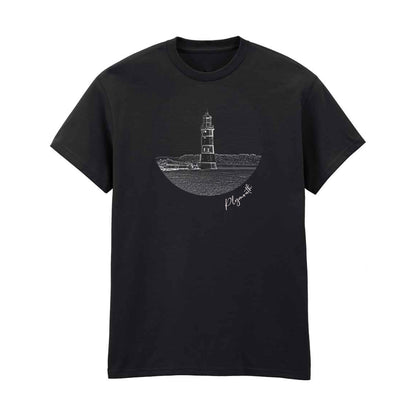 Black t-shirt featuring a white line art design of Smeaton’s Tower Lighthouse in Plymouth. A stylish 100% cotton lighthouse t-shirt, perfect for coastal and maritime enthusiasts. Available in S to 5XL.