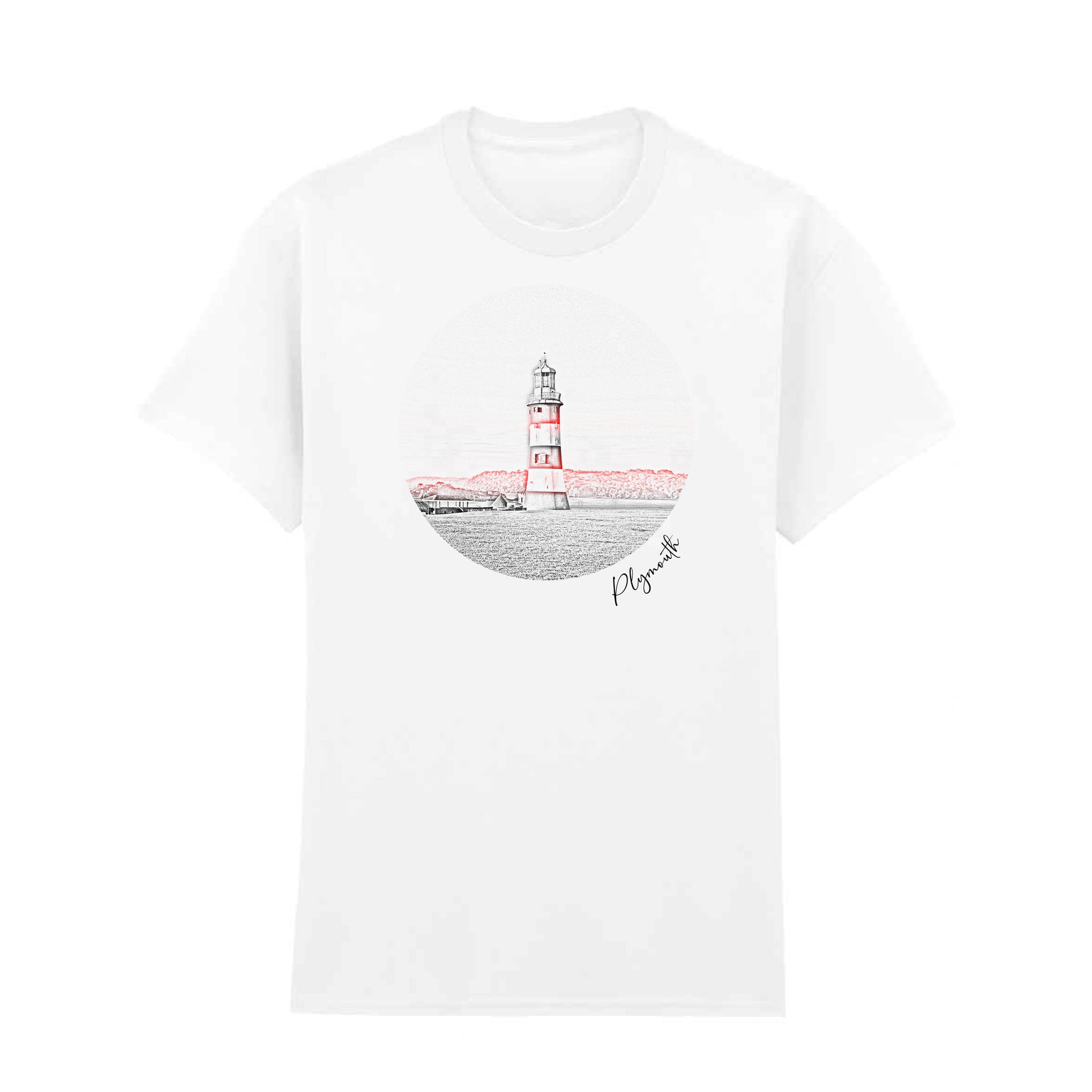 
White t-shirt featuring a red and black line art design of Smeaton’s Tower Lighthouse in Plymouth. A stylish 100% cotton lighthouse t-shirt, perfect for coastal and maritime enthusiasts. Available in S to 5XL.