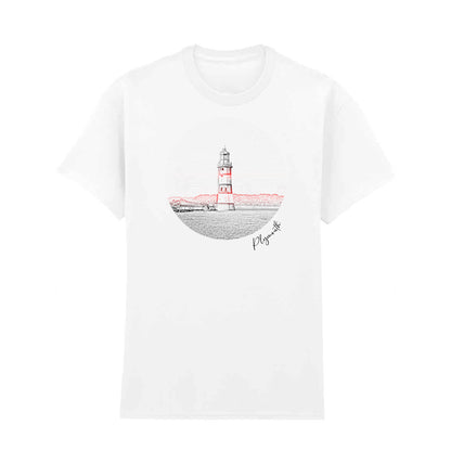 
White t-shirt featuring a red and black line art design of Smeaton’s Tower Lighthouse in Plymouth. A stylish 100% cotton lighthouse t-shirt, perfect for coastal and maritime enthusiasts. Available in S to 5XL.