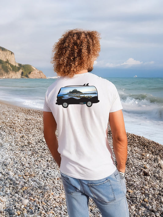 Model wearing St. Michael’s Mount Camper Van T-shirt with large design on the back, featuring Cornwall’s iconic landmark.