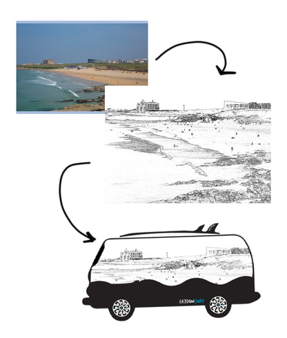 Cornish Camper Van T-Shirt – Fistral Beach Line Art Silhouette – GeddonSurf Clothing