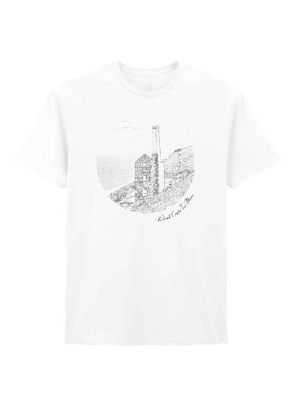 Close-up of Wheal Coates Tin Mine line art design on black or white t-shirt, Cornwall landscape