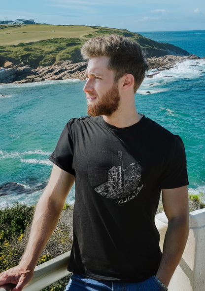 Wheal Coates Tin Mine minimalist line art t-shirt - white design on black tee, Cornwall landscape