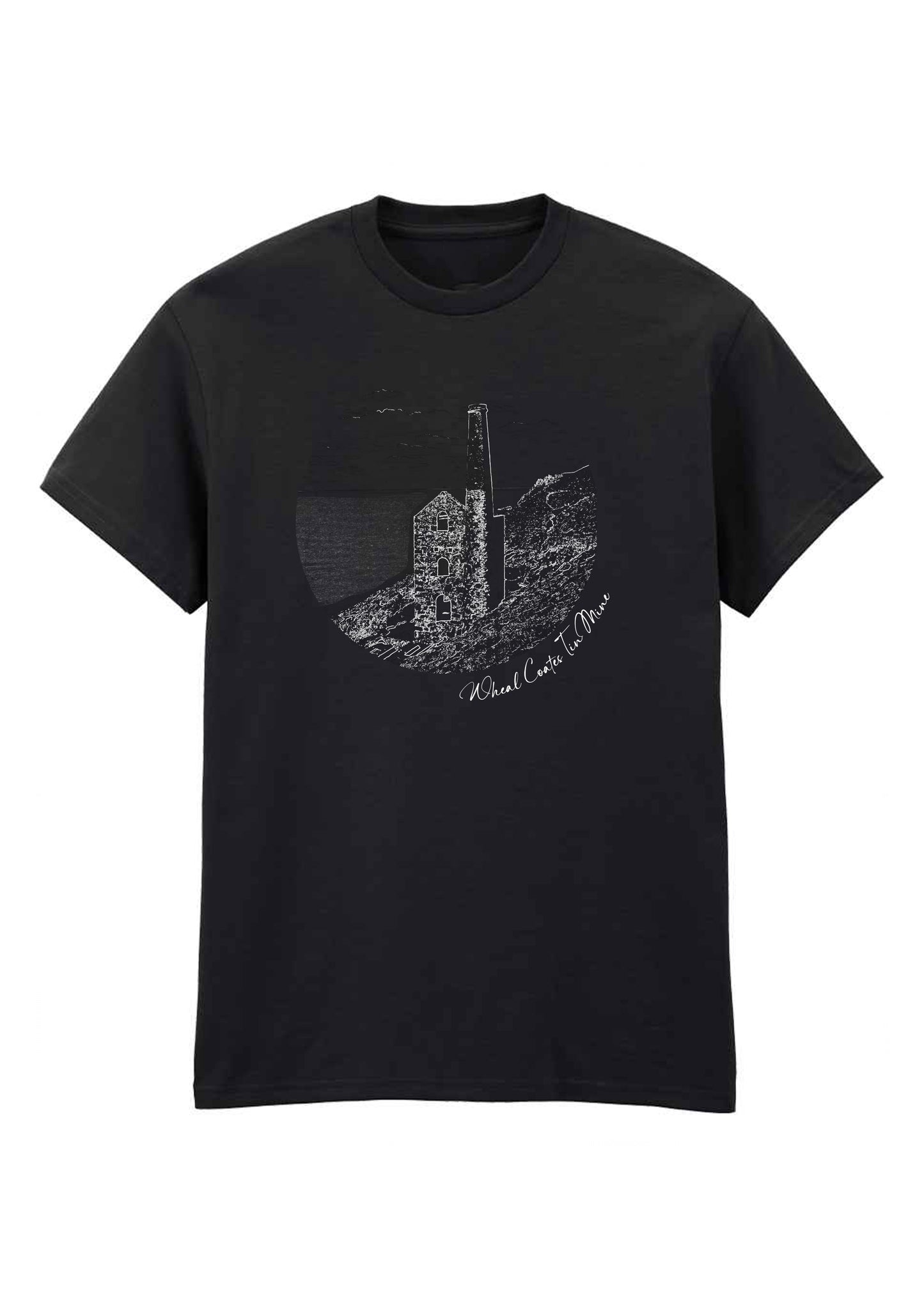 Wheal Coates Tin Mine minimalist line art t-shirt - white design on black shirt, Cornwall landscape
