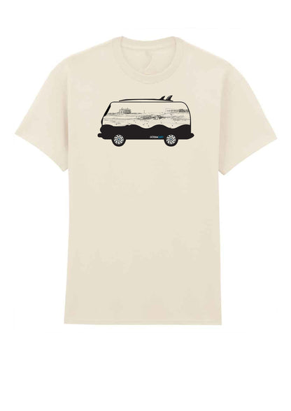 Cornish Camper Van T-Shirt – Fistral Beach Line Art Silhouette – GeddonSurf Clothing