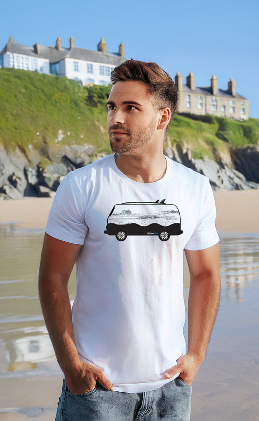 Cornish Camper Van T-Shirt – Fistral Beach Line Art Silhouette – GeddonSurf Clothing