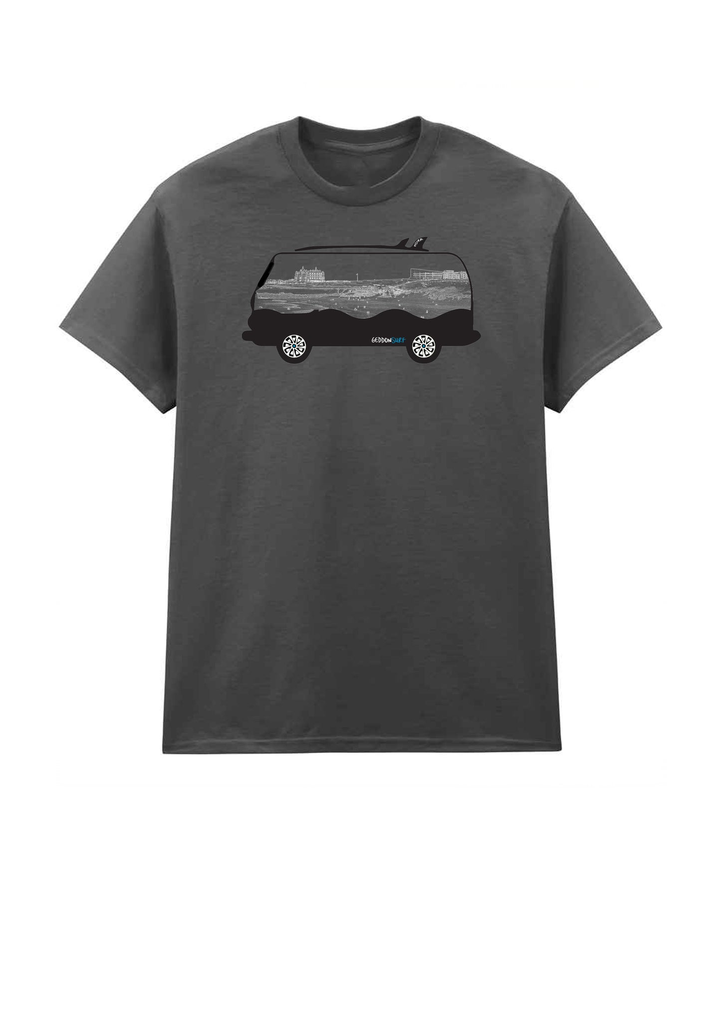 Cornish Camper Van T-Shirt – Fistral Beach Line Art Silhouette – GeddonSurf Clothing