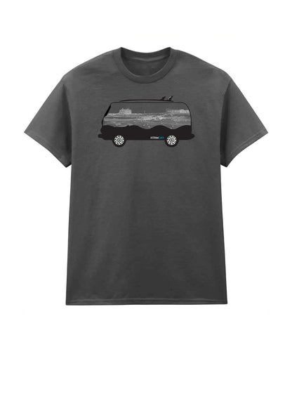 Cornish Camper Van T-Shirt – Fistral Beach Line Art Silhouette – GeddonSurf Clothing