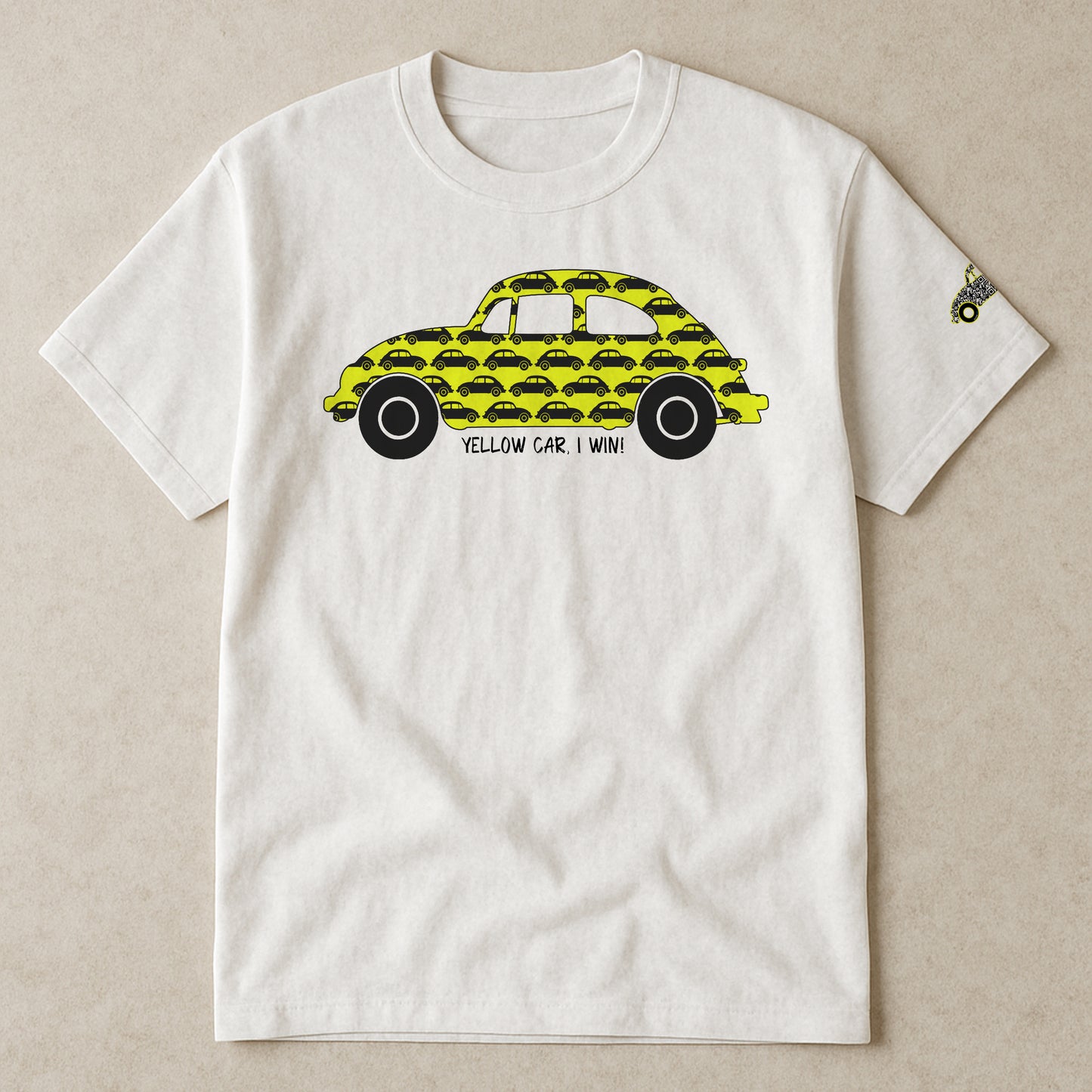 Yellow Car I Win unisex white cotton t-shirt with fun yellow car game design, matching kids and adult holiday road trip shirt, Cornwall gift idea