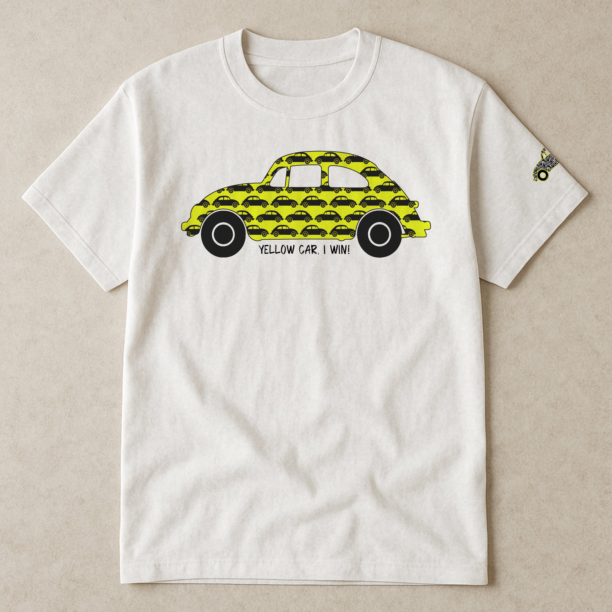 Yellow Car I Win unisex white cotton t-shirt with fun yellow car game design, matching kids and adult holiday road trip shirt, Cornwall gift idea