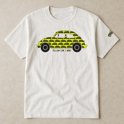 Yellow Car I Win unisex white cotton t-shirt with fun yellow car game design, matching kids and adult holiday road trip shirt, Cornwall gift idea