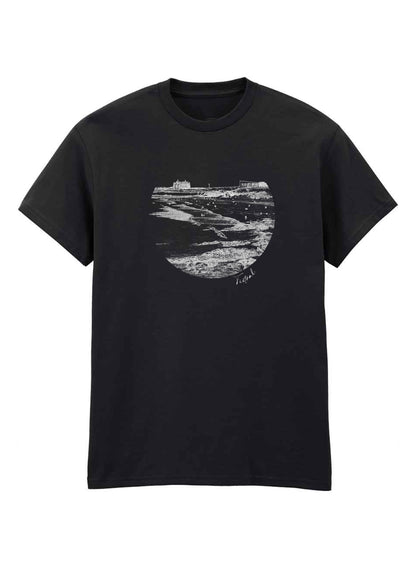 Black Fistral Beach Line Art T-Shirt with white minimalist artwork of Fistral Beach.