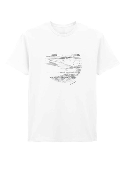 White Fistral Beach Line Art T-Shirt featuring black/grey minimalist artwork of Fistral Beach.