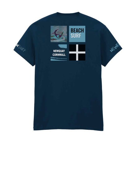 Newquay Surf T-shirt by GeddonSurf – navy, back view with large surfer design, 'BEACH SURF' text, 'NEWQUAY CORNWALL,' and Cornish flag