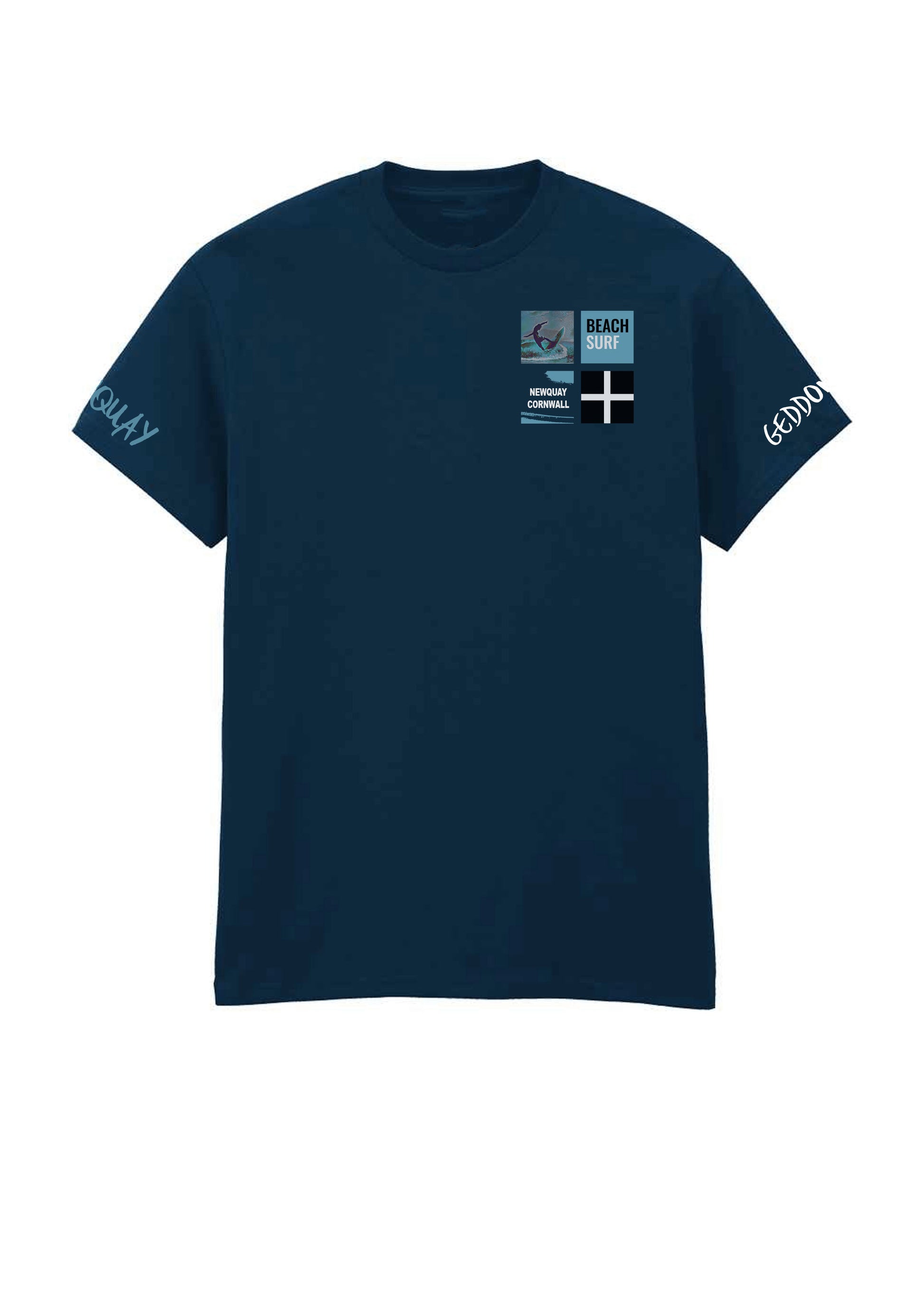 Newquay Surf T-shirt by GeddonSurf – navy, featuring surfer design, 'BEACH SURF' text, 'NEWQUAY CORNWALL' with surf splash, and Cornish flag.