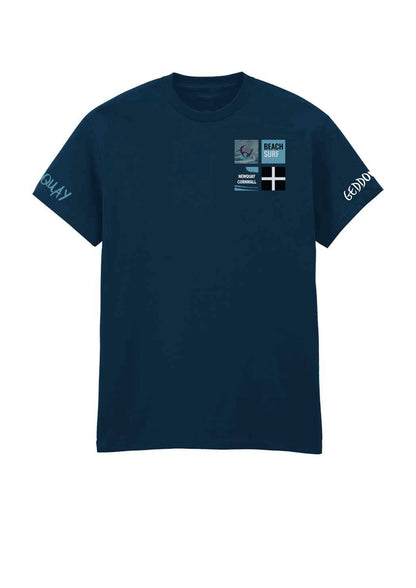 Newquay Surf T-shirt by GeddonSurf – navy, featuring surfer design, 'BEACH SURF' text, 'NEWQUAY CORNWALL' with surf splash, and Cornish flag.