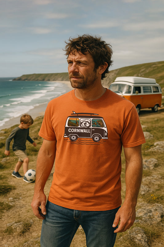 Cornwall Camper Van T-Shirt – Sunset Orange | Sennen Cove, Perranporth & Surf Design | GeddonSurf Unisex Cotton Tee