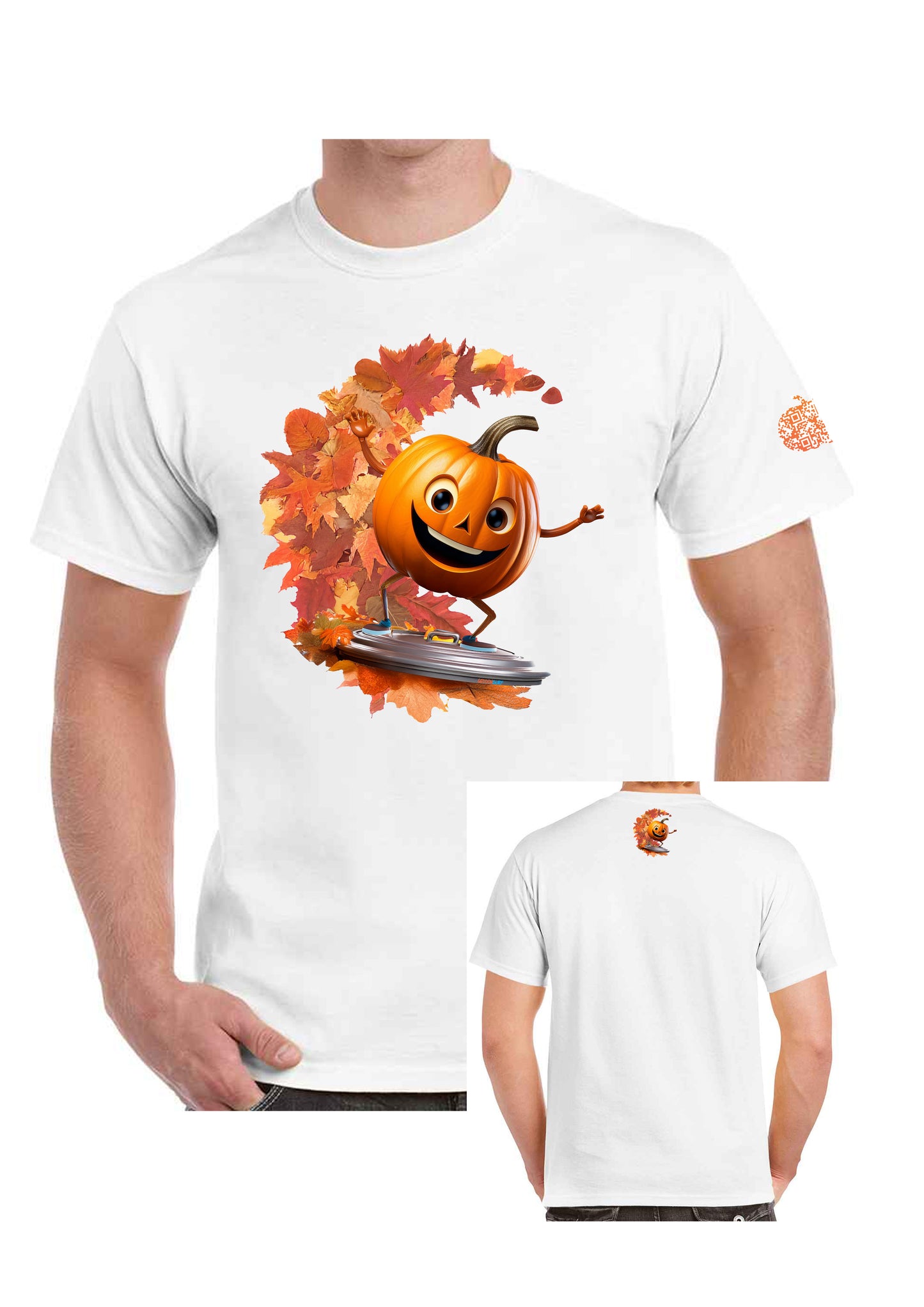 White pumpkin surfing Halloween T-shirt UK autumn leaves design