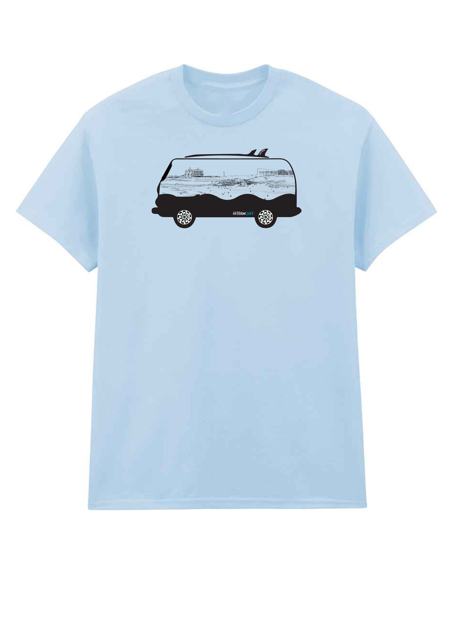 Cornish Camper Van T-Shirt – Fistral Beach Line Art Silhouette – GeddonSurf Clothing