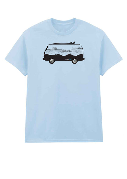 Cornish Camper Van T-Shirt – Fistral Beach Line Art Silhouette – GeddonSurf Clothing