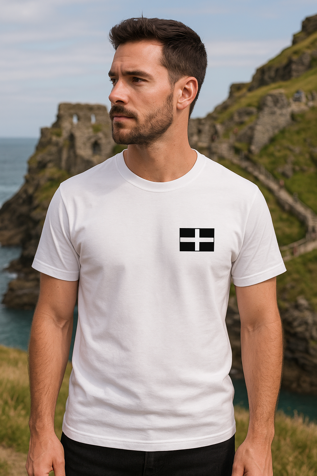 Model wearing “This is Tintagel” t-shirt featuring small Cornish flag on left chest – unisex fit, white cotton, part of the This is Cornwall collection