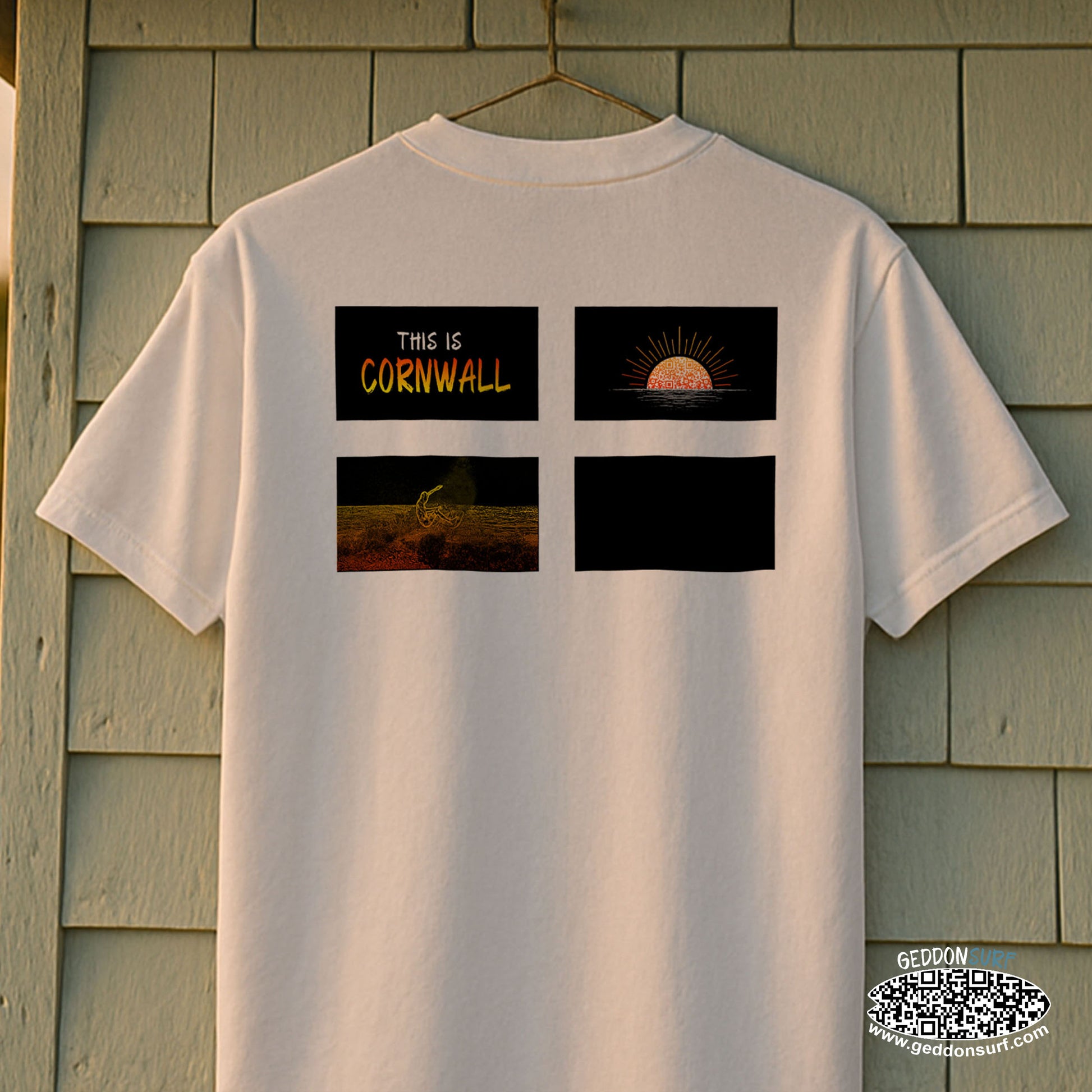 Close-up of back design on “This Is Cornwall” t-shirt, featuring sunset, Cornish coast, and surf graphics – inspired by Cornwall beaches.