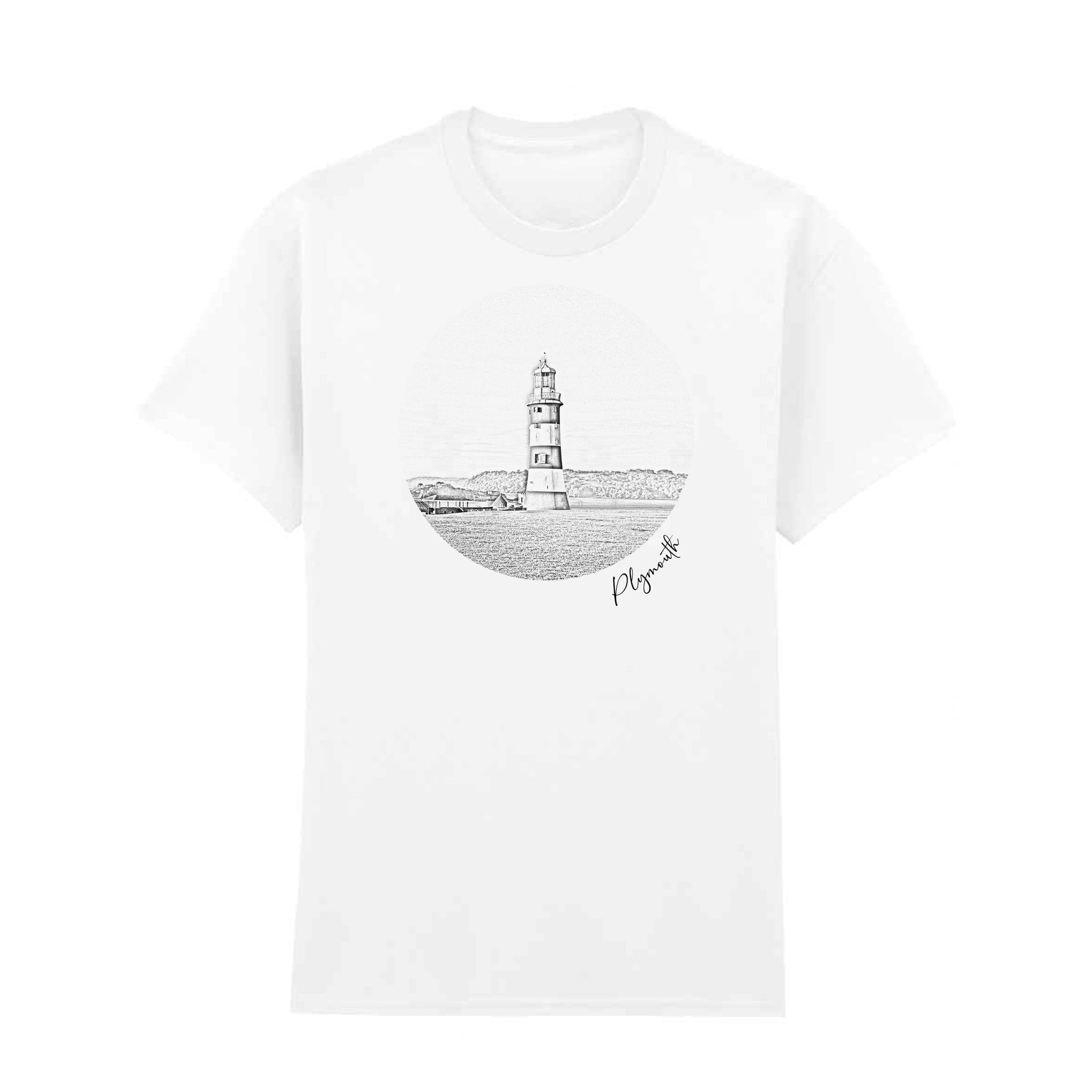 White t-shirt featuring a black line art design of Smeaton’s Tower Lighthouse in Plymouth. A stylish 100% cotton lighthouse t-shirt, perfect for coastal and maritime enthusiasts. Available in S to 5XL.
