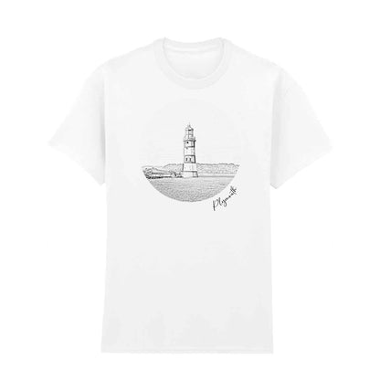 White t-shirt featuring a black line art design of Smeaton’s Tower Lighthouse in Plymouth. A stylish 100% cotton lighthouse t-shirt, perfect for coastal and maritime enthusiasts. Available in S to 5XL.